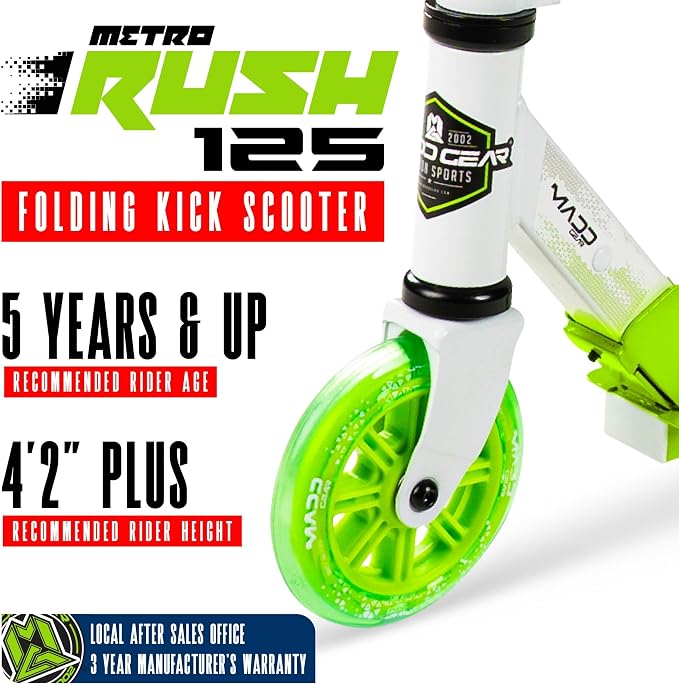 Kick Scooter for Ages 5+ - Kids, Teens & Adults. Max Load 220lbs. Foldable, Light-Up Wheels, Adjustable Height, Lightweight - Rush 125 Madd Gear