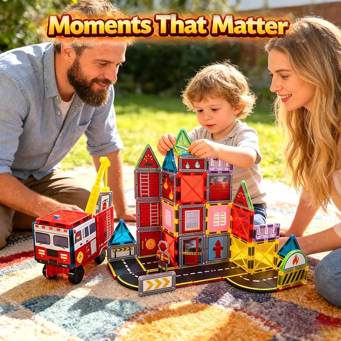 LATI Fire Rescue Magnetic Tiles for Kids,Double-Sided Fire & Rescue Blocks with Fire Truck, Station, Roads & Crane, STEM Magnetic Building Blocks for Boys & Girls Ages 3-8