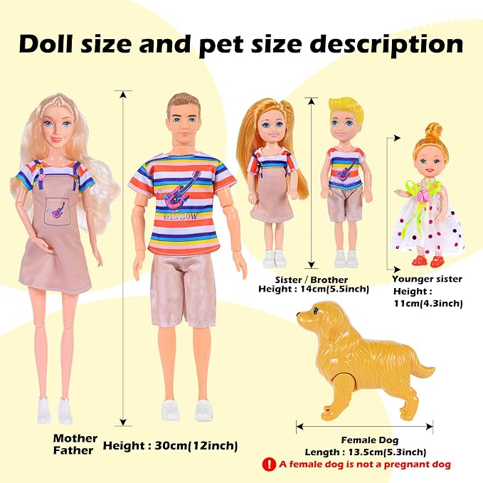 Family Dollhouse Dolls Playset - 6 People with Dollhouse Pets Included Pregnant Mom Dad 3 Kids and Accessories for 3-12 Years Old Toddlers Gift