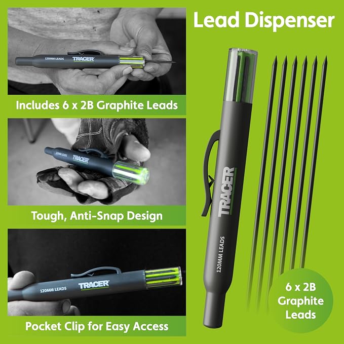Tracer 8 Piece Construction Marker Kit - Deep Hole Carpenter Pencil Set, 2 Deep Hole Marking Pen, and Four Heavy Duty Clog-Free Markers, 2.8mm Replacement Leads & Storage Case for Woodworking Tools