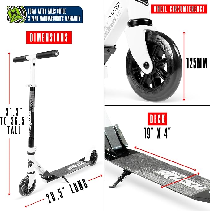 Kick Scooter for Ages 5+ - Kids, Teens & Adults. Max Load 220lbs. Foldable, Light-Up Wheels, Adjustable Height, Lightweight - Rush 125 Madd Gear