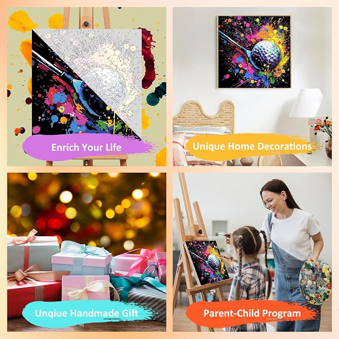 Paint by Numbers Kit for Kids with Frame, Golf Paint by Numbers for Kids Ages 4-8-12, DIY Golf Acrylic Oil Painting for Home Wall Art Decor Gift 7.8x7.8 inch (with Frame Wooden Easel)