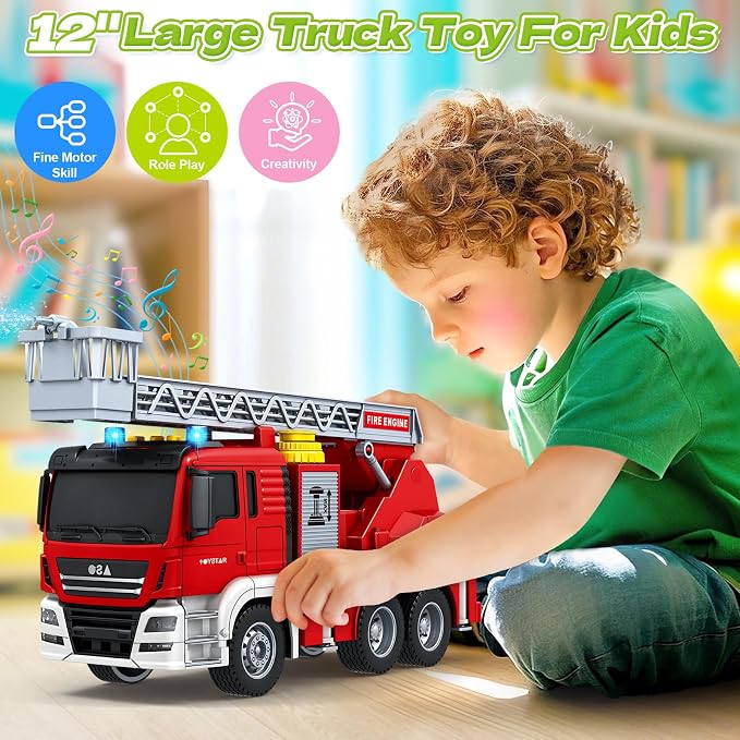 Kids Toys for 3 4 5 6 7 8 Years Old Boys, Large Fire Truck Toy, Friction Powered Fire Rescue Truck Vehicle Toy with Lights and Sirens Sounds, Water Pump, Ladder, Birthday Gifts for Boys Girls