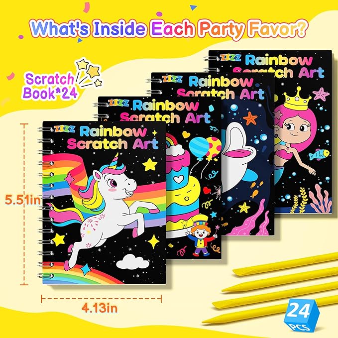 ZIZZ Scratch Art Party Favors for Kids 4-10: 24 Pack Rainbow Scratch Notebooks Gifts Kits - Mess Free Coloring Books Birthday Goodie Bags Stuffers School Classroom Travel Games for Girls Boys Toddler