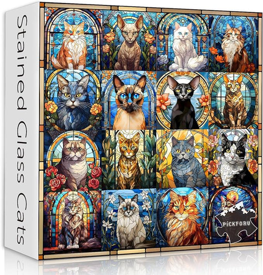 Stained Glass Puzzle Cat Puzzles for Adults 1000 Pieces, Colorful Kitty Kitten Collage Puzzles 1000 Pieces, Hard Difficult Impossible Challenging Jigsaw Puzzles for Adults