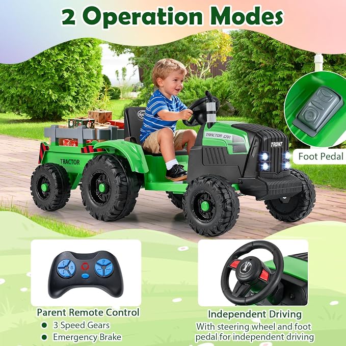Costzon 24V Ride on Tractor with Detachable Trailer, Kids' Electric Vehicles with 3 Speeds, 15° Climbing, Wireless Design, Horn & Music, Remote Control Tractor Toy for Kids 3+,Gift (24V, Green)