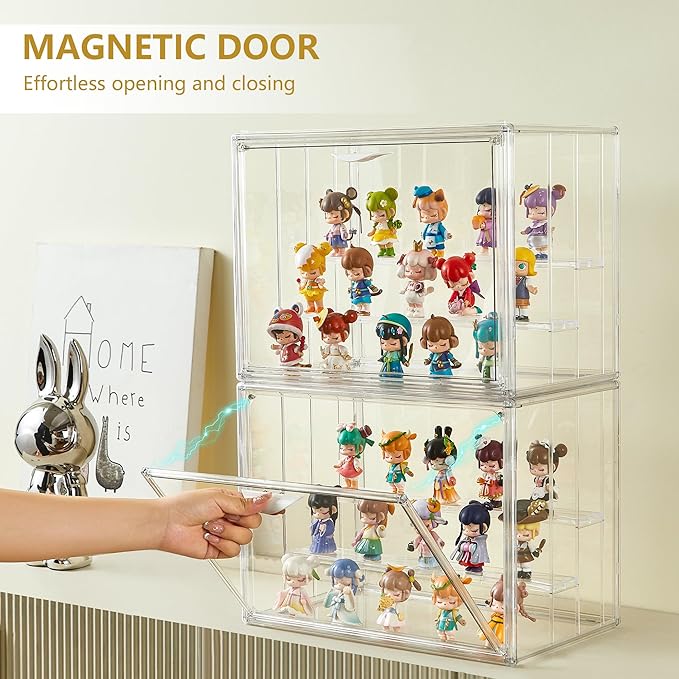 LXLXXL Acrylic Display Case for Collectibles 3 Layer Adjustable Figure Display Cases with Magnetic Door Clear Stackable Display Box for Figures Showcase 2Pack