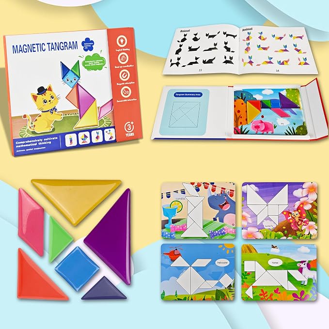 Magnetic Tangram for Kids Ages 4-8 with 30 Theme Pages & 368 Solutions Patterns Booklet & Metal Board, Magnetic Tangrams Puzzle for Kid, Magnet Tangrams Puzzle, Tangram for Kids Ages 4-8