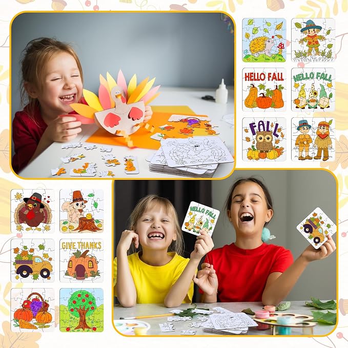 Realspring 24 Pack Fall Color Your Own Jigsaw Puzzles for Kids Ages 3-5, 4-6, 6-8, Coloring Thanksgiving Crafts DIY Paper Puzzles Party Favors Gifts for Toddler Children Learning & Education Toys