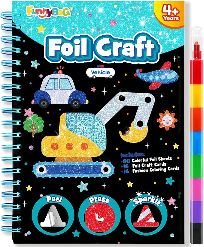 FUNNYB&G Foil Art Craft Kit for Boys 4-10 Years Old: Mess-Free & No-Glue, Create 16 Sparkly Vehicle Pictures – Perfect Travel Toy & Birthday Gift for Kids (Vehicle)