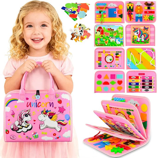Toddler Busy Board Montessori Toys for Toddler 1-3 Year Old, Girl Birthday Gift, Preschool Educational Montessori Busy Book Board, Felt Sensory Activity Board Sorting Toy Age 2-4 with Fine Motor Skill