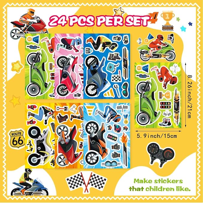 24 Sheets Motorcycle Stickers for Kids, Make a Motocross Face Sticker, Make Your Own Dirt Motobike Stickers for Kids Party Favor Birthday Party Supplies Crafts
