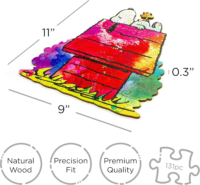 Peanuts Snoopy 131 Piece Wooden Jigsaw Puzzle with 6 Unique Shaped Pieces – Snoopy & Woodstock on Doghouse | Premium Wood Puzzle for Adults, Kids & Families | Officially Licensed Peanuts Merchandise