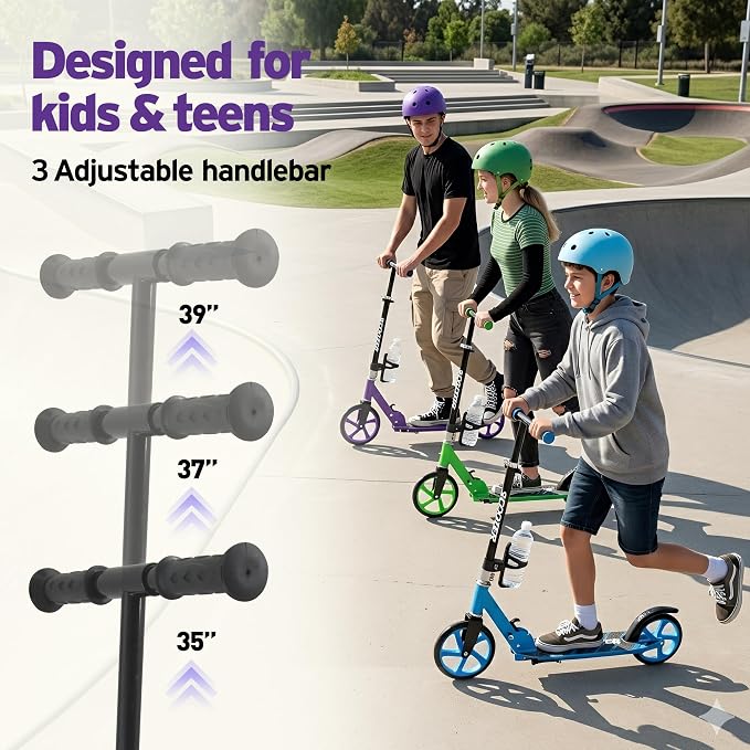 Scooter for Kids Ages 6+, Teens & Adults, Max Load 240 LBS, Foldable Kick Scooter with 8-inch Big Wheels, Kickstand, 3 Adjustable Levels, Rear Brake,