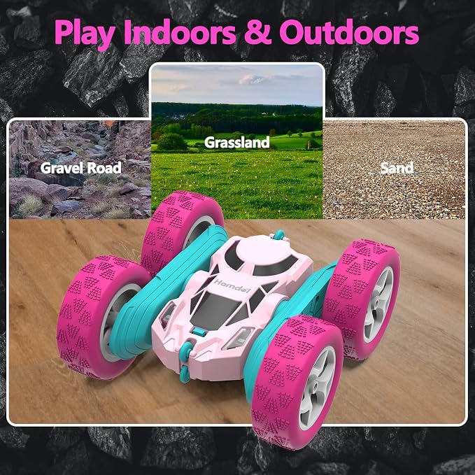 Hamdol Pink Remote Control Car for Girls, 360° Flipping Stunt Car with LED Headlights, Rechargeable 4WD Electric Toy Vehicle, Princess Gift for 6 7 8 9 10 11 Year Old Girls, Birthday & Christmas Toy
