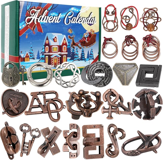 Advent Calendar 2025, Christmas Countdown Calendar Gift Box with 24 Brain Teaser Puzzles, 24 Days Metal Difficult Magic Brain Teaser Puzzles Xmas Countdown Calendar Challenge for Adults Teens
