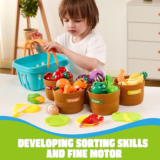 JOYIN Learning Toys Play Food Set for Toddlers, Cutting Food for Preschool Activities, Play Kitchen Accessories, Educational Toys, Color Sorting Set for Boys & Girls, Back to School Gifts for Toddlers