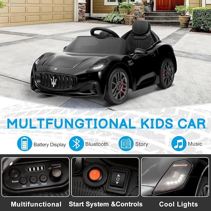 Winado 12V Ride on Car, Licensed Maserati Electric Car for Toddlers W/Remote Control, Battery Car for Kids with Bluetooth, 3 Speeds, LED & Rear Lights, Music & Horn (Black)