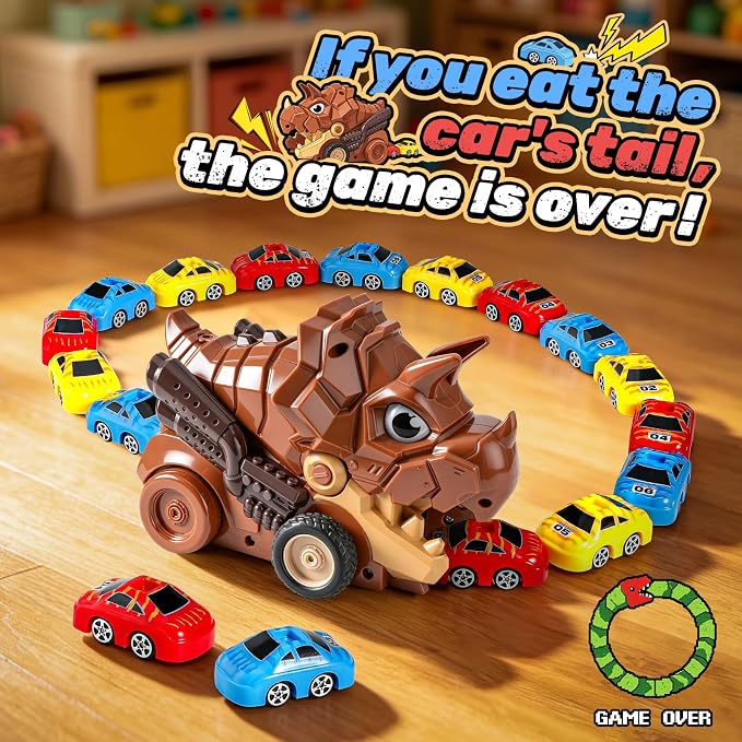 Remote Control Dinosaur Truck Toy Eat Cars for Kids 3-7 | RC Triceratops, 9 Mini Magnetic Cars, 2 Speed, 2.4G Rechargeable, Birthday Holiday Gift for Dino & RC Cars Lover