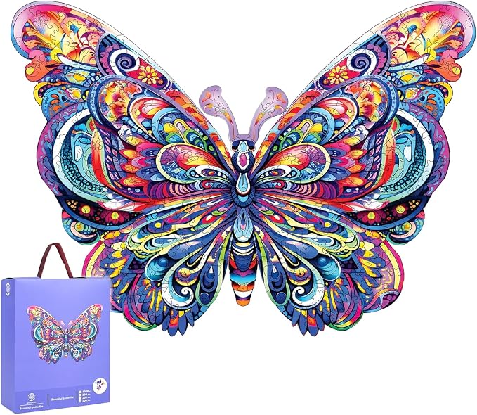 Mys Aurora Wooden Puzzles for Adults, Butterfly Jigsaw Puzzles 200 Pieces, 9 x 12.2 Inch, Medium, Unique Shaped Irregular Colorful Wood Puzzles, Beautiful Luxury Packag Gifts for Adults and Kids