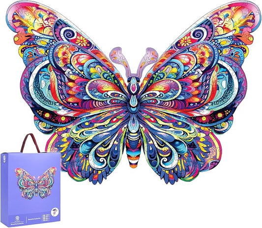 Mys Aurora Wooden Puzzles for Adults, Butterfly Jigsaw Puzzles 200 Pieces, 9 x 12.2 Inch, Medium, Unique Shaped Irregular Colorful Wood Puzzles, Beautiful Luxury Packag Gifts for Adults and Kids