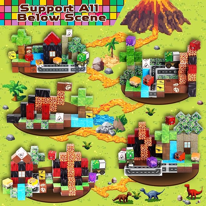 Goody King Dinosaur Volcano Magnetic Blocks |100PCS Dinosaur Magnetic Blocks Cubes,STEM Montessori Sensory Toys for Toddlers Kids Boys Girls Ages 3-5 6-8 Christmas Birthday Easter Gifts