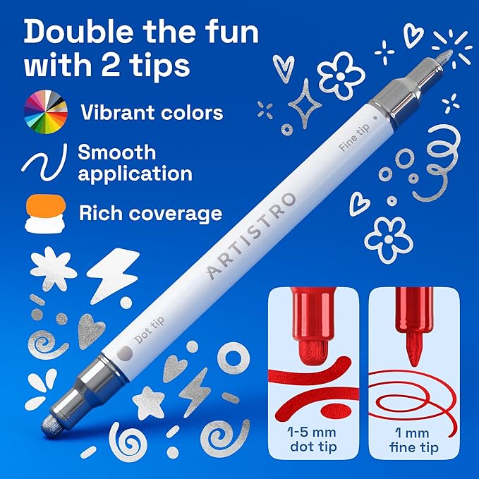 ARTISTRO 36 Metallic Dual-Tip Acrylic Paint Markers – Paint Pens Set with Dot & Fine Tips for Fabric, Rock, Glass, Wood, Coloring Books – Arts & Crafts Gift – Classroom Must Haves & School Supplies