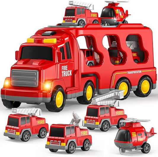 TEMI Fire Trucks Boy Toys for Toddlers 3-5 Year Old - Firetruck Toys for Kids 3 4 5 6 7, Transport Vehicle Carrier Set, Birthdays Gifts for Kids Girls Aged 4-6