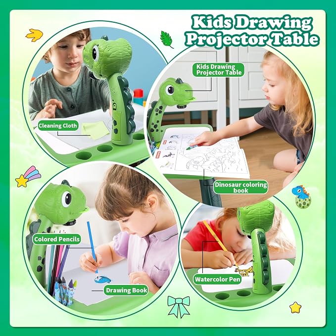 Drawing Projector for Kids, Art and Crafts, Drawing Board with Color Pens, Pencils, Crayons, Scrapbook, Dinosaur Sticker Book, Ideal Toy for 3+ Year Old Girls & Boys (Dinosaur Kit)