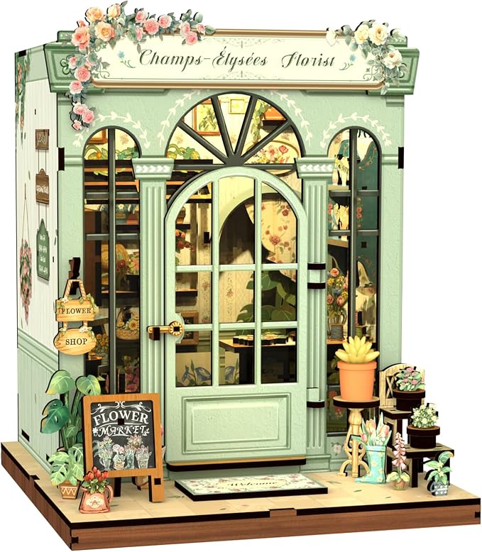 Fsolis Book Nook Kit, 3D Wooden Puzzles for Adults Booknook Garden DIY Miniature House Mini Building Kit Bookshelf Diorama Gifts for Women Puzzle Lovers (Champs-Élysées Florist)