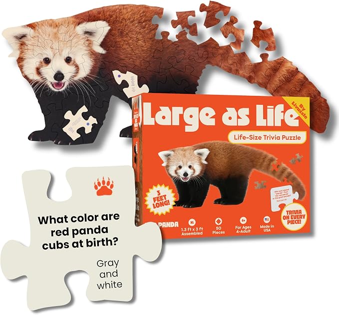 Red Panda Trivia Puzzle - 50 Piece Life-Size Red Panda Puzzle with Wildlife Trivia on Every Piece | Educational Animal Gift for Kids & Families | Livuzzle