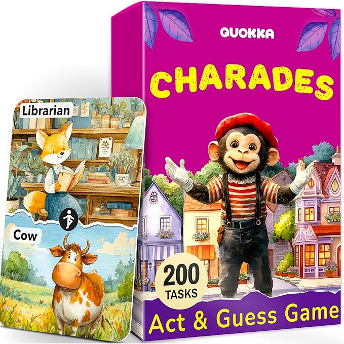 QUOKKA Charades Games for Kids Ages 4–8 – Charades for Kids 8-12 and Family — 200 Act and Guess Active Tasks with Extra Twists — Fun Party Card Game for Children at Home, Classroom or Camping