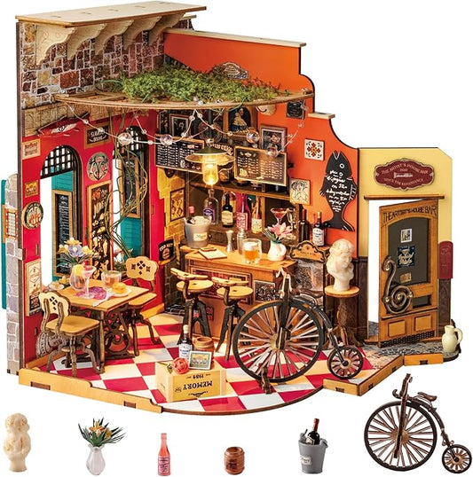 Rolife DIY Miniature House Kit for Adults, Cheers Bar Mini Wooden Dollhouse 1:18 Tiny Building Diorama Mini Model House Kits Birthday Craft Hobbies Gift Home Decor for Friends Family