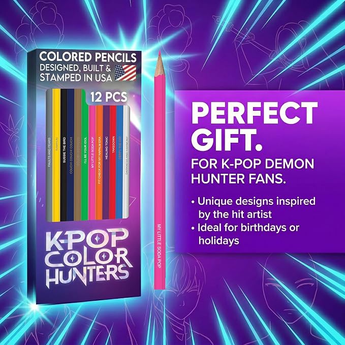 KPop Color Hunters Colored Pencil Set - 12 KPop Demon Hunters Merch Pencils with Clever Foil-Stamped Names, Soft Core Pencils for Coloring Books, Drawing, Ideal Gift for KPop Demon Hunters Fans