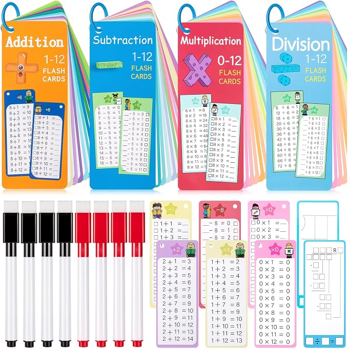60Pcs Multiplication Division Addition and Subtraction Flash Card, Math Flash Cards with 8 Dry Erase Pens 4 Rings, Time Table Flash Cards for 1st to 3rd Grades Fun Learning with Math Game