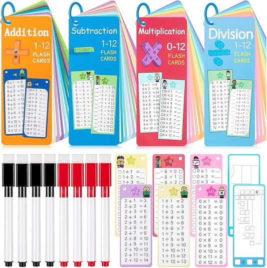 60Pcs Multiplication Division Addition and Subtraction Flash Card, Math Flash Cards with 8 Dry Erase Pens 4 Rings, Time Table Flash Cards for 1st to 3rd Grades Fun Learning with Math Game