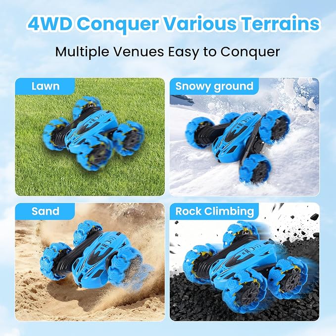 RC Stunt Car, 360° Flips & Double-Sided Remote Control Truck with LED Lights, 2.4GHz High Speed All Terrain Off-Road Toy Car, Gift for Boys Girls Kids Ages 6-12 (Blue)