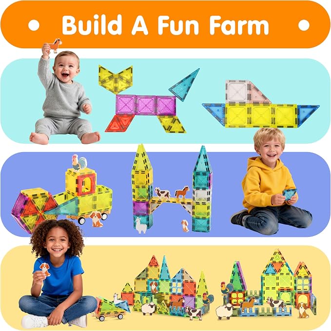 Magnetic Tiles Farm Animals 52PCS, STEM Toys Magnet Building Blocks for Toddler Ages 3-8, Kids Construction Stacking Tiles Toys Gifts for Boys Girls