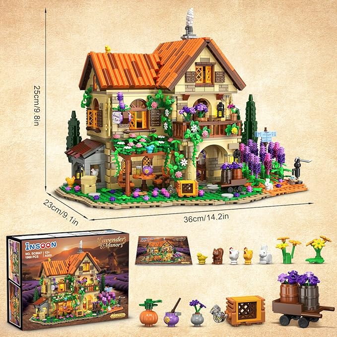 INSOON Lavender Cottage House Building Set with Lights, 1960 PCS Cozy Lavender Flower Garden Home Decor, Romantic Manor Construction Collection Building Kit, Gift for Adults Teens Boys Girls 12+