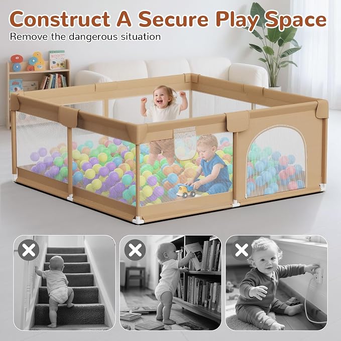 71x59 Playpen for Babies and Toddlers - Extra Large Baby Fence Play Area with Travel Bag Plus 50 Pit Balls & Pull Rings - Portable Infant Play Yard Indoor Outdoor Baby Gate Activity Center(Khaki)