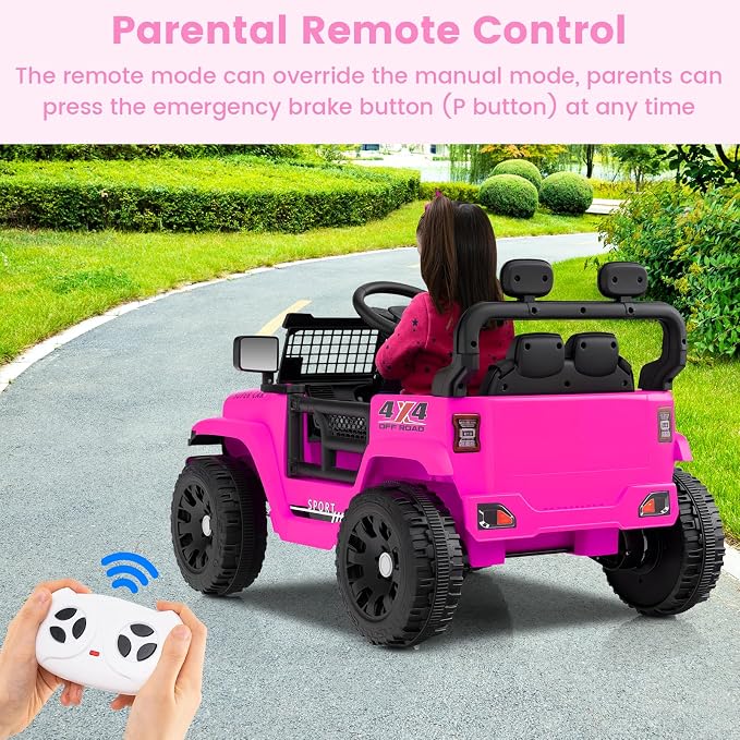 OLAKIDS 12V Ride On Truck, Battery Powered Electric Vehicle for Kids with Remote Control, Foldable Reflective Mirror, Spring Suspension, Music, LED Lights, Ride on Toy for 3+ Boys Girls (Pink)