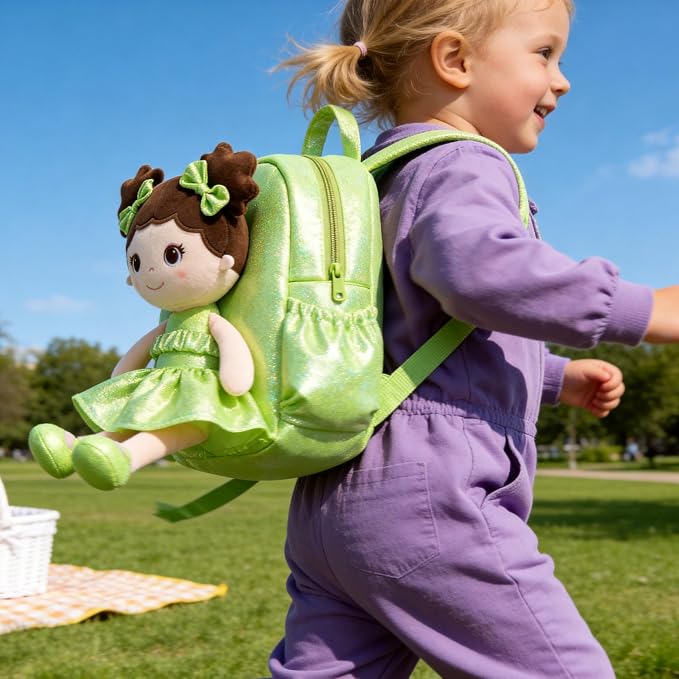 Lazada Toddler Backpack - Baby Girl Gifts Curly Fingerprints Plush Doll Dress Backpack - Fashion Girls Curly Rolled Fingerprints Series - Fluorescent Green 11 Inches