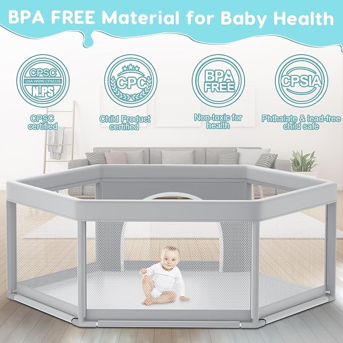 Fshibila 65" ×65" Hexagonal Baby Playpen, Baby Playard for Babies and Toddlers, BabyFence Play Pens for Indoor & Outdoor, Sturdy Safety Play Yard with Soft Breathable Mesh, Anti-Fall, Grey