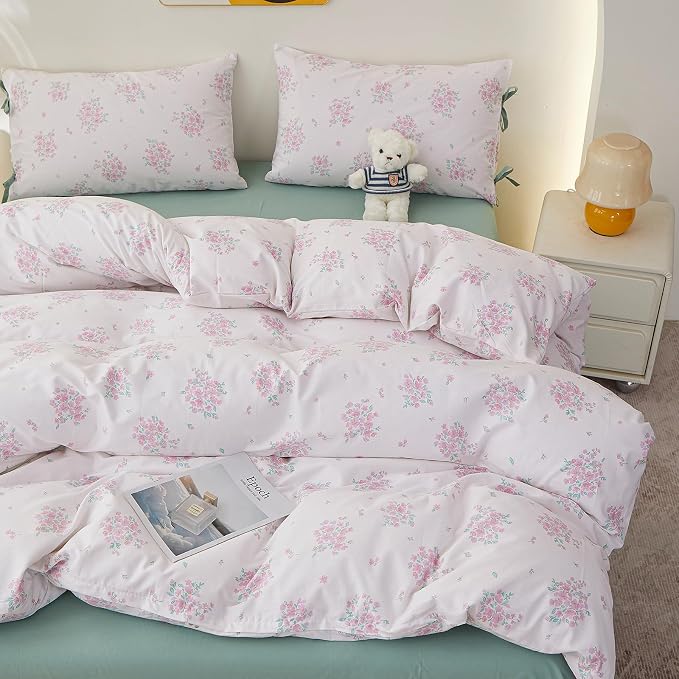 Aesthetic Floral Comforter Set Twin XL, 3 Pieces Pink White Cottagecore Comforter Floral Bedding Set, Lightweight Vintage Botanical Flowers Comforter with 2 Bow Ties Pillowcases for Girls Women
