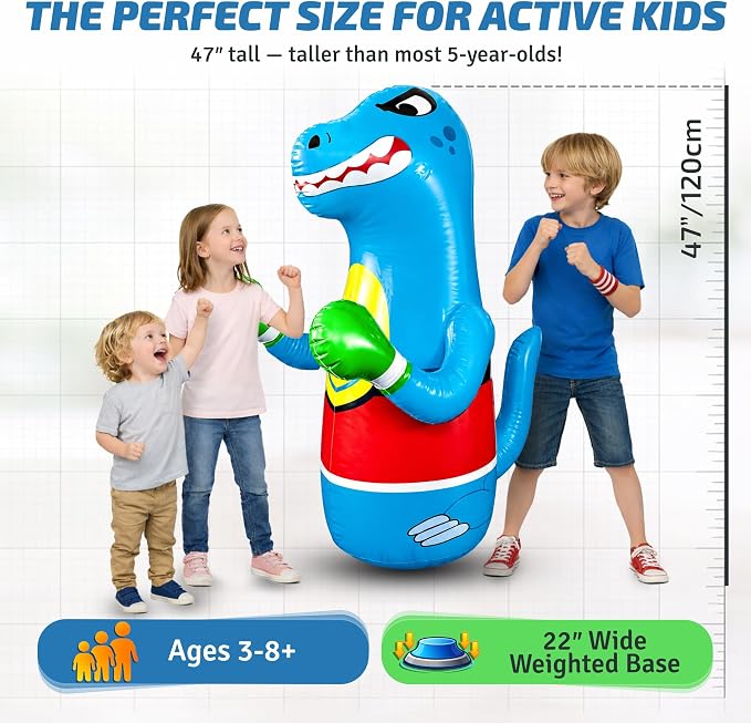Preferred Toys 47" Inflatable Dinosaur Punching Bag for Kids - Durable Blow Up Kids Punching Bag with Bounce Back Base - Inflatable Indoor Outdoor Active Toddler Bop Play Toy