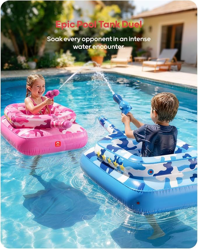 QPAU Inflatable Tank Pool Float for Adults & Kids – Ride-On Camouflage Floaty with Water Cannon, Swim Raft Toy for Boys Girls, Lake Beach Backyard Party Floaties