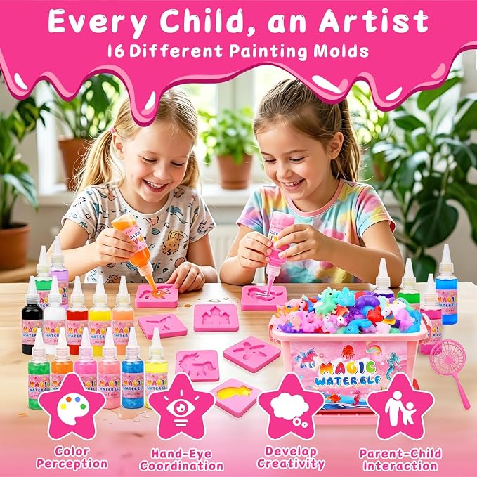 RYNZELA Magic Water Elf Toy Kit – Unicorn & Mermaid Aqua Gel Water Pets for Girls Ages 4–8, 20 Gels & 16 Molds – Easy to Color Gift with Magical Themes for Your Creative Little Princess