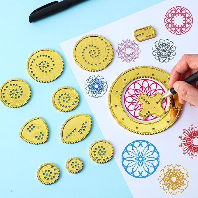 Chivao Spiral Art Kit Circle Stencils Drawing Tool Gear Geometric Ruler Circle Template Drawing Kit Plastic Spiral Curve Stencils with Pens Paper for Back to School Gifts DIY Crafts Sketch(Modern)