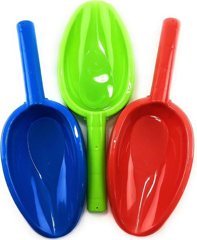 Matty's Toy Stop Kids Sand Shovels for Beach & Sandbox – 3 Pack 14" Long Handle Plastic Sand Scoops, Red Blue Green, Outdoor Beach Toys for Boys & Girls