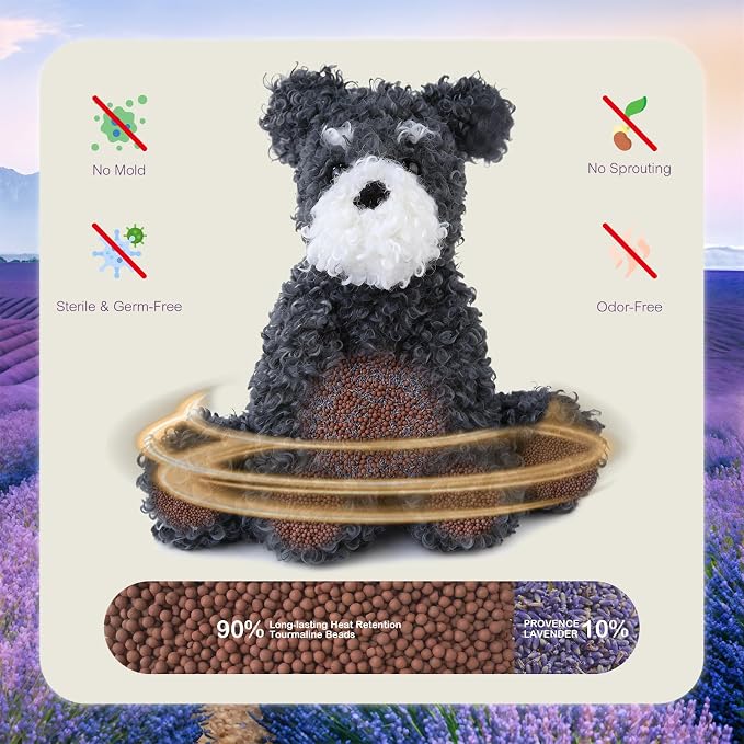 KOWSI® Microwavable Heating Pad Schnauzer Dog Plush - Weighted Stuffed Animal Toy Tourmaline Beads & Lavender - 1.1 lb for Long Lasting Cozy Warmth & Relaxation - Includes Gift Box & Greeting Card
